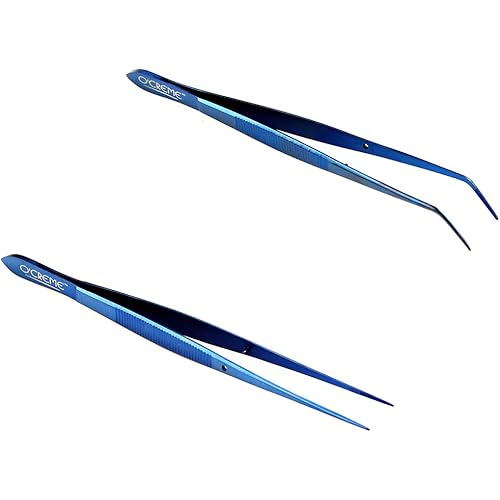 O'Creme Blue Stainless Steel Precision Kitchen Culinary Fine-Tip Tweezer Tongs, 1 with Curved Tip and 1 with Straight Tip