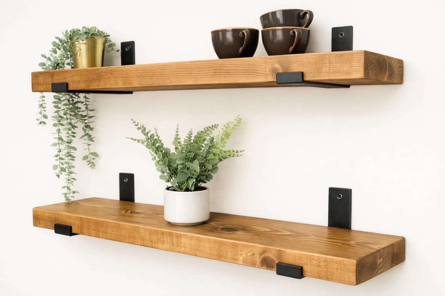 Rustic Floating Shelf, 6x2 with Black Brackets, Solid Pine, Wall Mounted