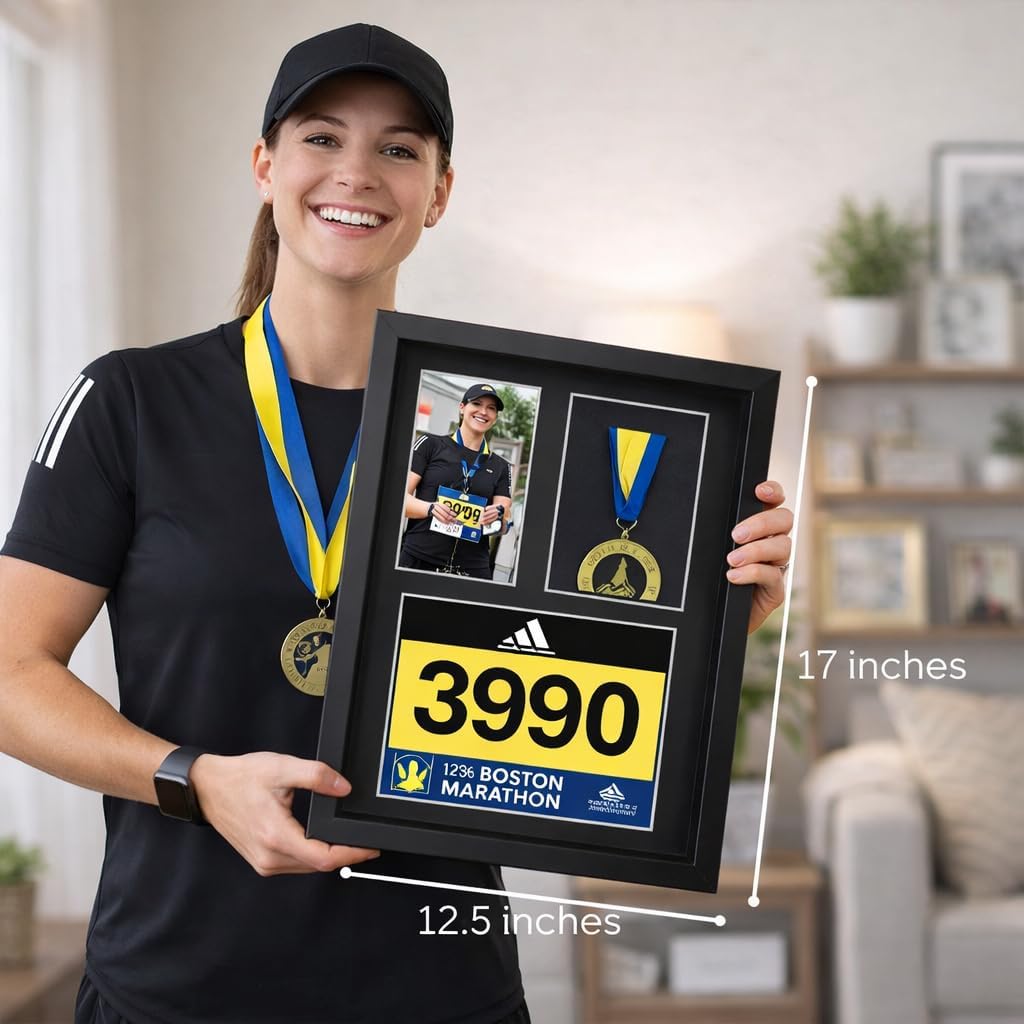 3-in-1 Shadow Box Display with Real Glass (Medal, Race Bibs, and Photo Display) – Marathon Medal Display and Frame, Triathlon & Running Bib Holder, Wall-Mounted, Real Tempered Glass- Walnut