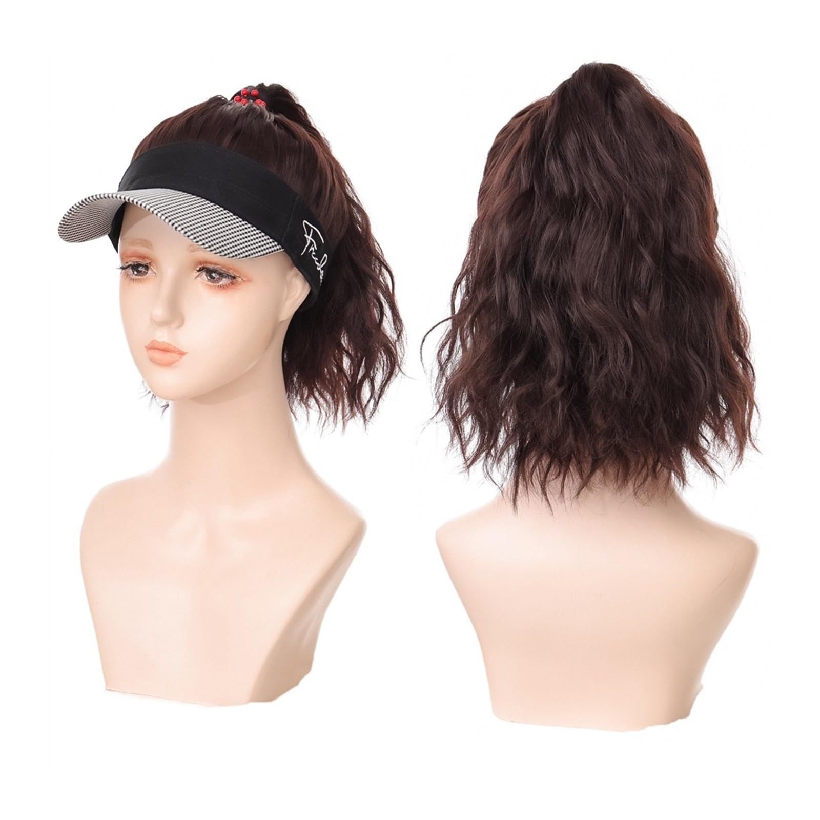 JUNXIAN Wig Cap Hat with Wig Attached Wave Curly Synthetic Long Hair Baseball Cap for Women Ponytail Extension Adjustable Hat Wig Hat(4)