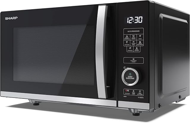 SHARP YC-QS204AU-B 20 Litre 800 W Black Flatbed Microwave Oven with 10 Power Levels, 8 Automatic Cook Programmes, Simple to Use Semi Digital Control, Space Saving Design, LED Cavity Light, Easy Clean