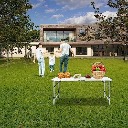 Moosinily Folding Camping Table, 4 Ft Aluminum Folding Table, Picnic Table With Handle, Adjustable Portable Camp Table For Picnic, Bbq, Party, Beach/White #TOP1