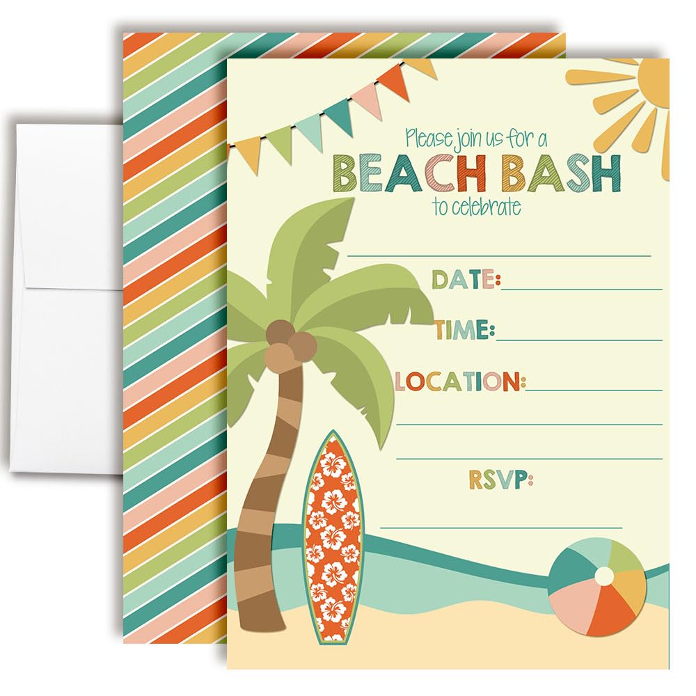 Beach Bash Summer Birthday Party Invitations, 20 5x7 Fill In Cards with Twenty White Envelopes by AmandaCreation