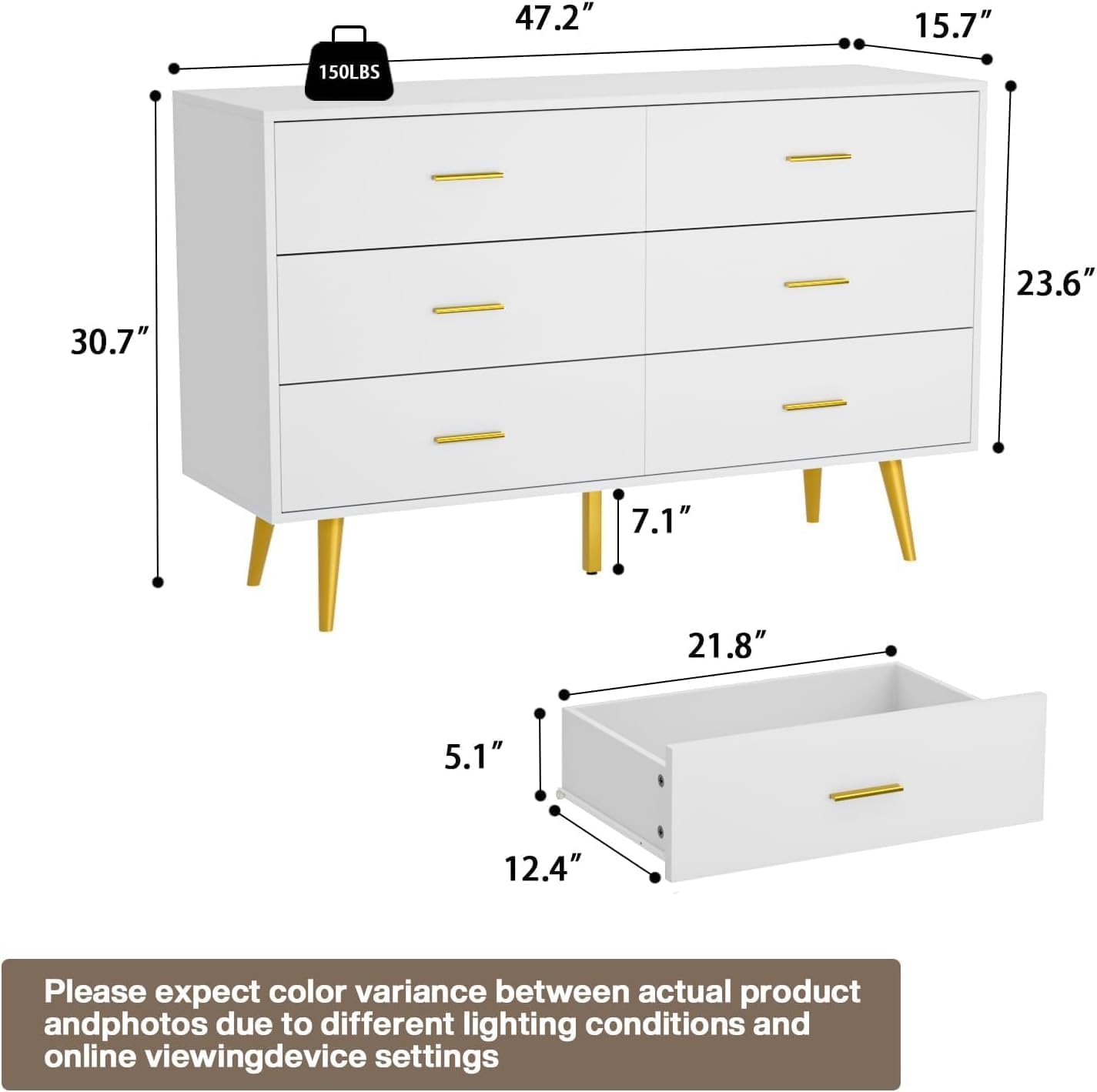 Diagram showing dimensions of the 6-drawer dresser and a single drawer
