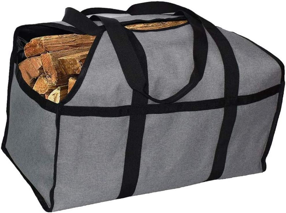 qiuqiu Firewood Log Carrier Tote Bag, Canvas Fireplace Wood Holder Heavy Duty Firewood Carrier Bag with Durable Handle Fireplace Wood Stove Accessories for Camping Firewood-Gray