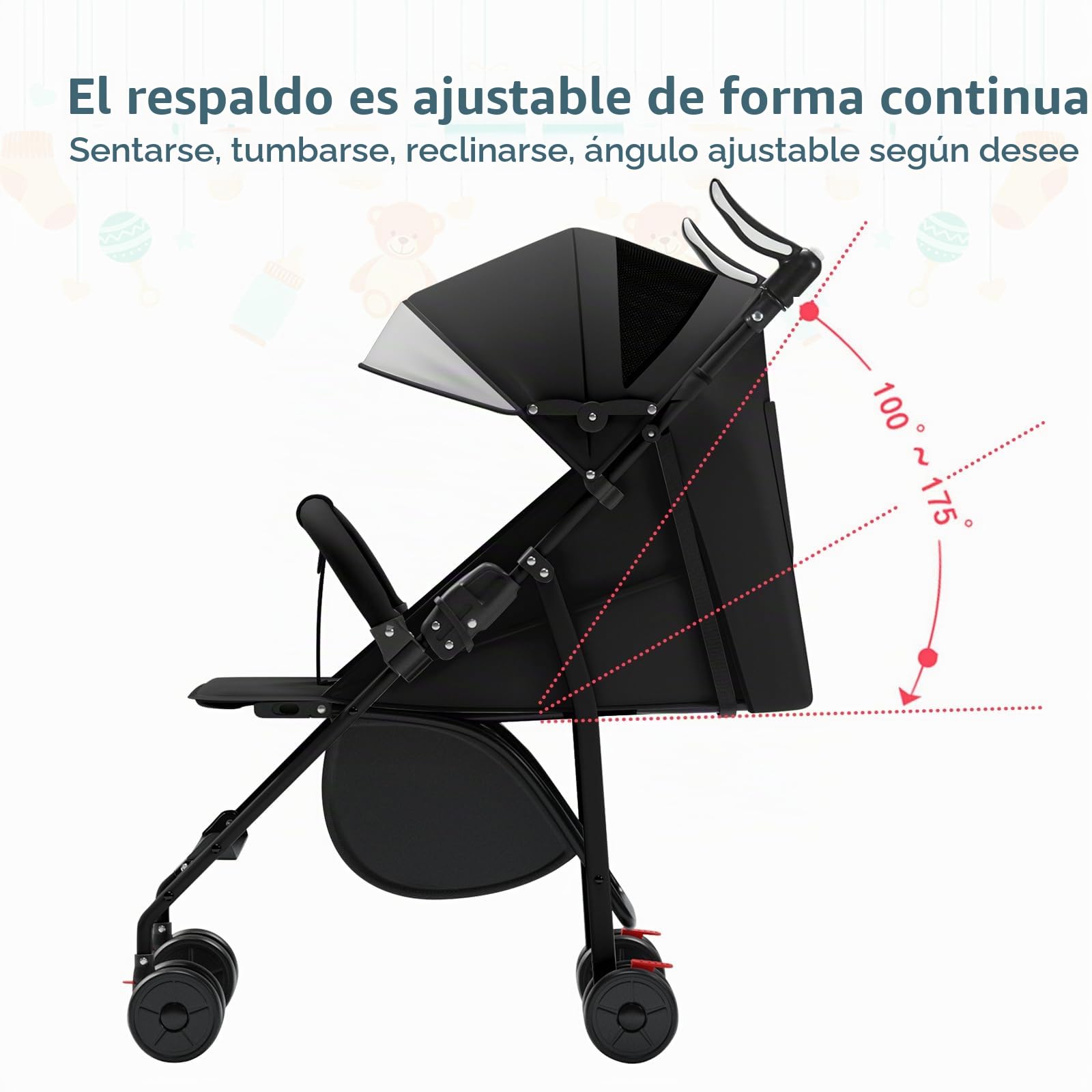 Cochecito ligero y compacto, ultraligero, reclinable, posición cochecito plegable, paraguas ajustable, desde el nacimiento hasta 22 kg, cojín de algodón + mosquitera, negro