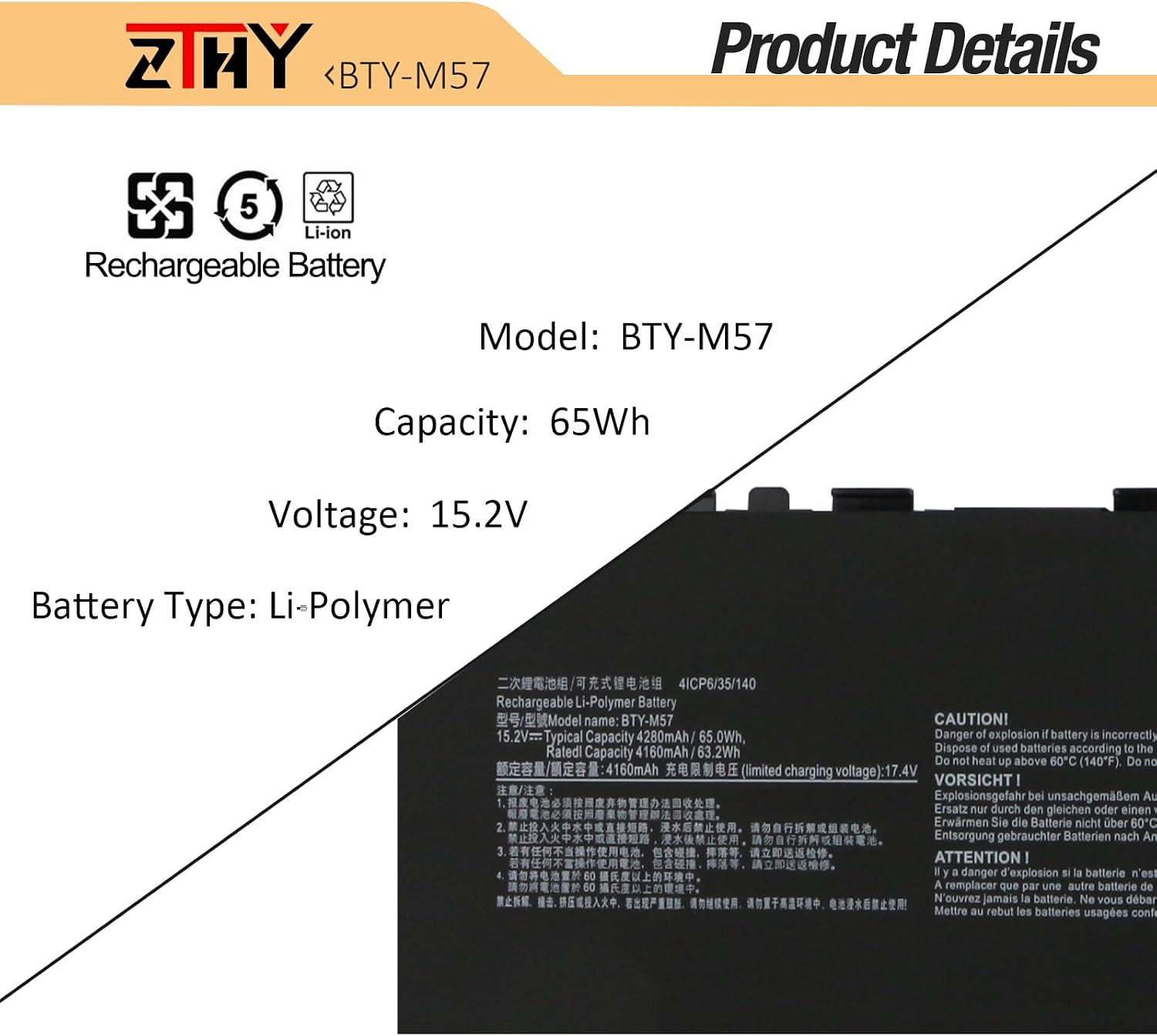 ZTHY 65Wh BTY-M57 Laptop Battery Replacement for MSI GP66 GP76 Leopard 10UE 10UG 10UH 11UE 11UG 11UH MSI Vector GP66 GP76 12UE 12UG 12UGS 12UH 12UHS 12UHSO 12UEO 12UGSO GP66HX GP76HX 12UGS 12UHS 15.2V
