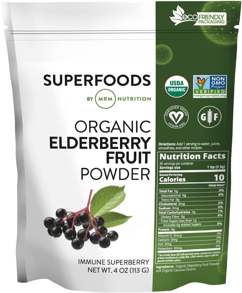 MRM Nutrition Organic Elderberry Fruit Powder | Superfoods | Immune superberry | Antioxidants + Fiber | Vegan + Gluten-Free | 45 Servings