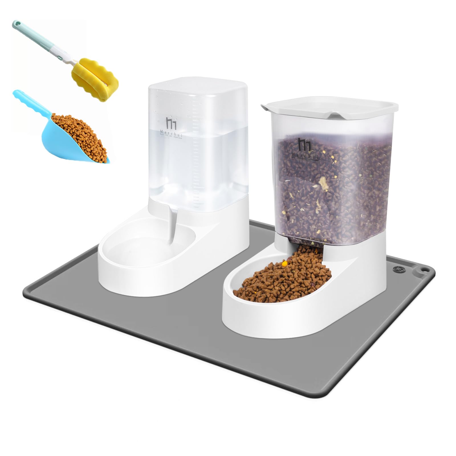 Marchul Auto Dog Cat Feeder with Water Dispenser, 2-in-1 3.8L Pet Food Water Bowl for Multiple Days Feeding (Feeder+Waterer+Mat)