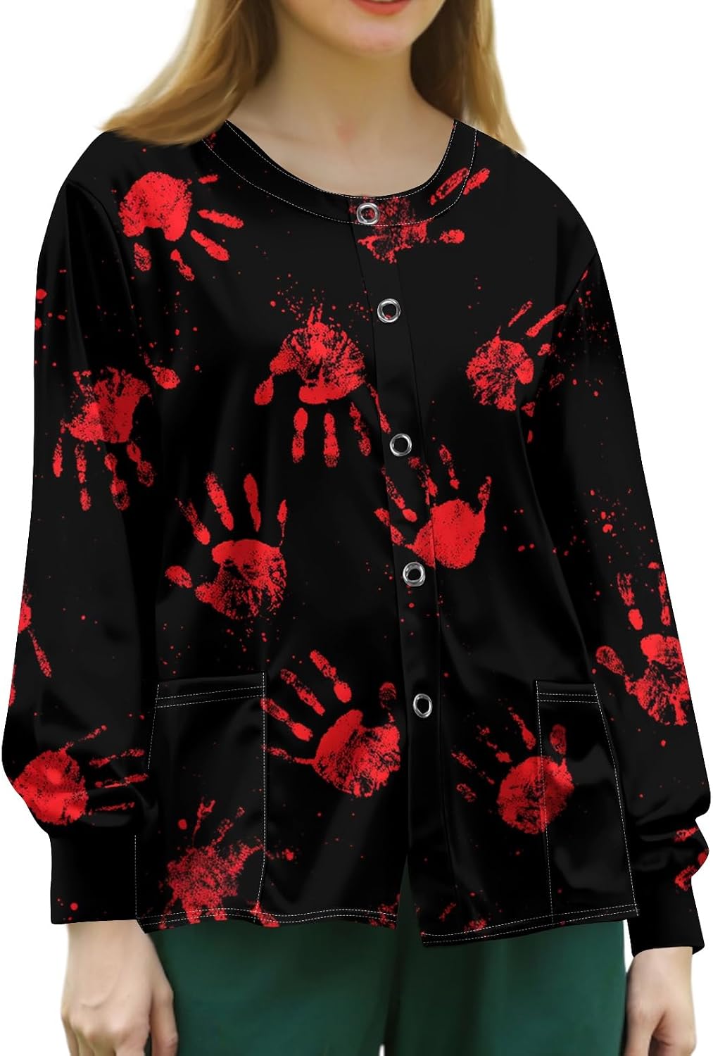 Women's Halloween Nurse Jacket Pumpkin Print Long Sleeve Snap Front Scrub Jacket