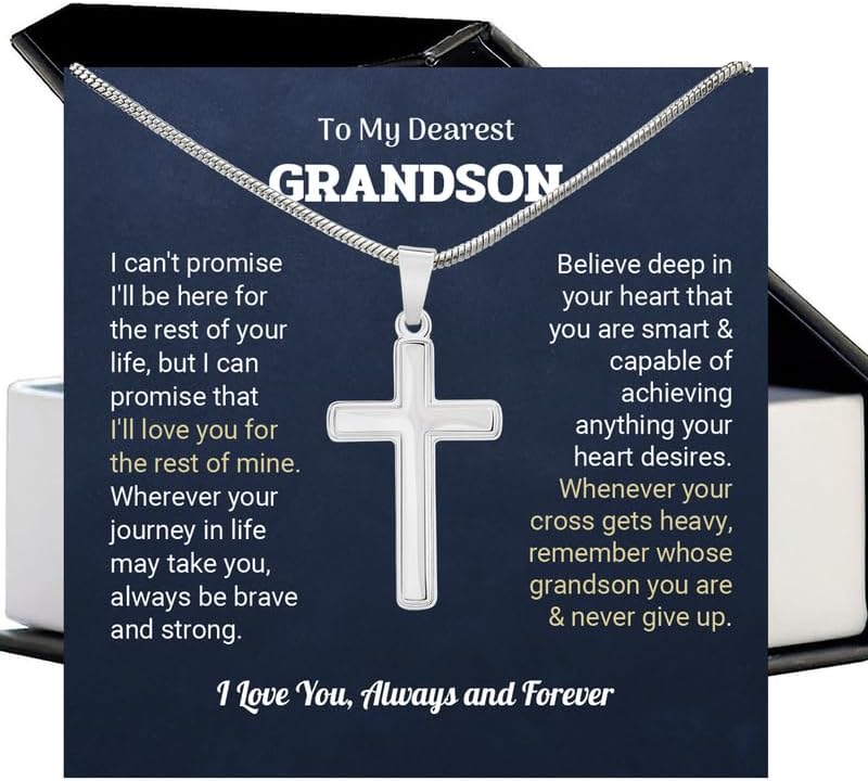 SUTERY To My Grandson Necklace from Grandma, Cross Chain with Message Card and Gift Box, Meaningful Gift for Grandson on Birthday or Christmas