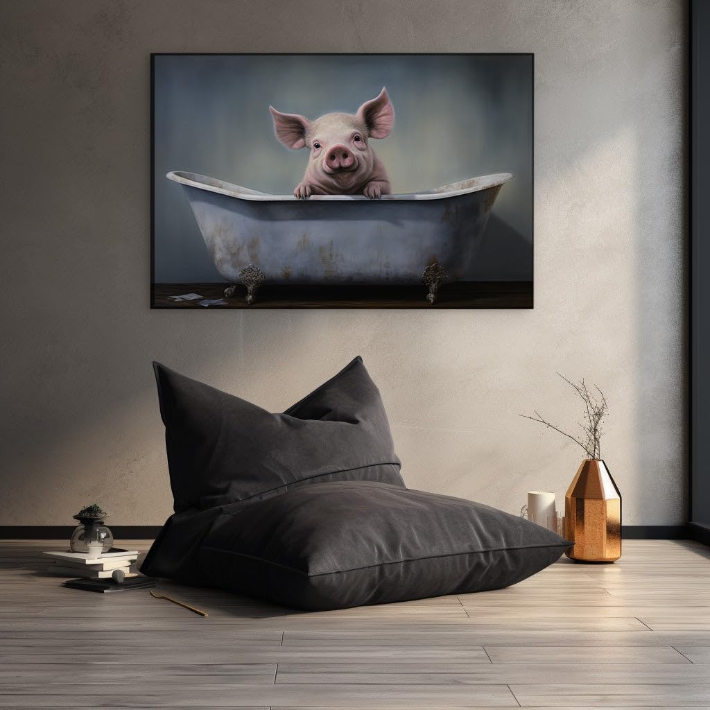 Canvas for Living room. Splashing into Joy: A Pig's Bathtime Bliss in a Vintage Tub, 27 x 18 inch Canvas Wall Art - Contemporary Masterpieces - Retro Home Decor - 69x46 cm (27x18 inch)