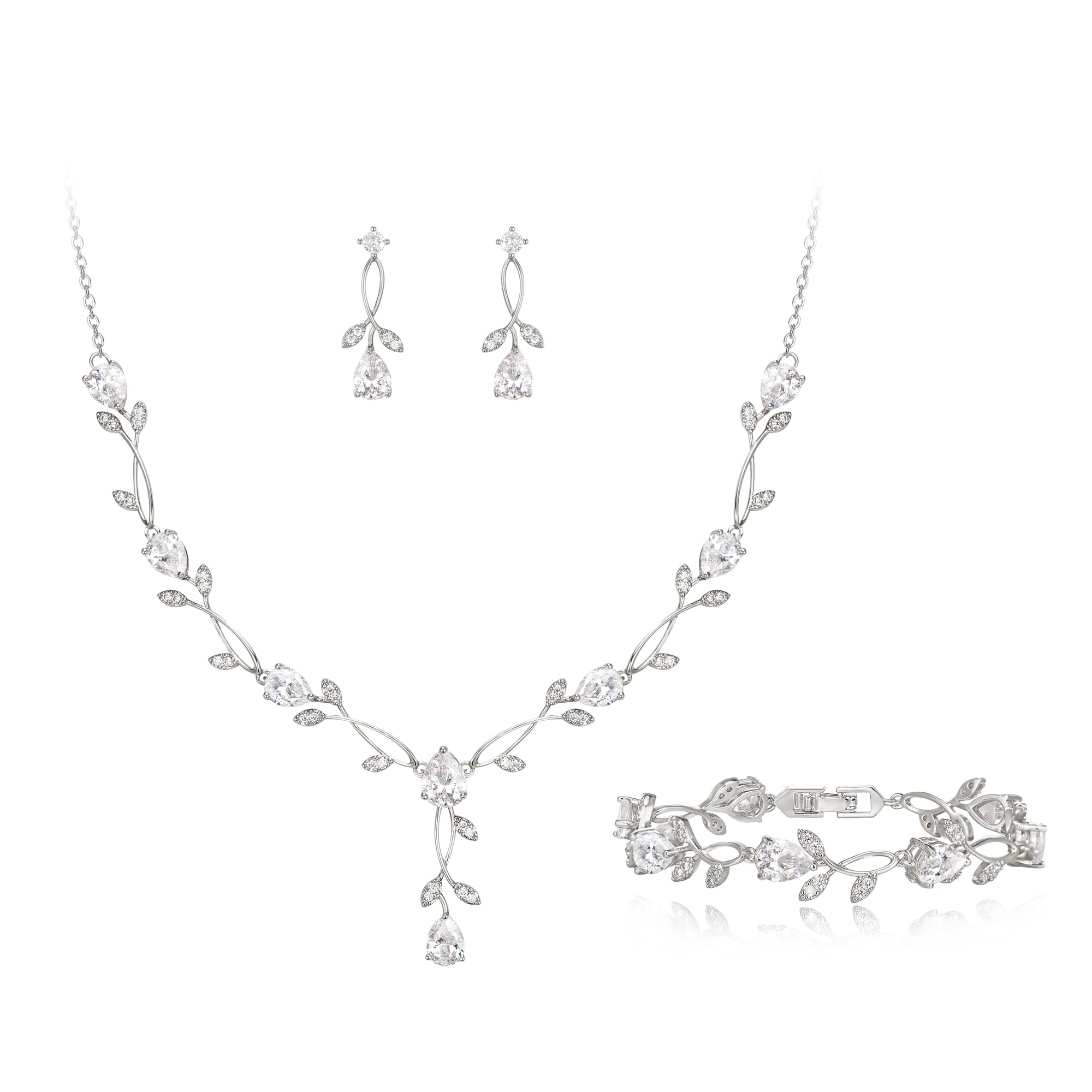 EVER FAITH Hochzeit Schmuckset für Braut Brautjungfer Teardrop Cubic Zirkonia Blatt Rebe Braut Prom Halskette baumeln Ohrringe Armband Set für Damen