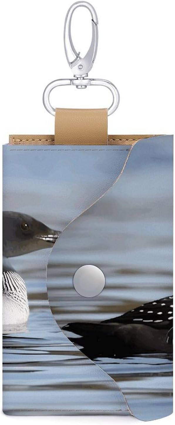 Loon Birds Key Pouch, PU Leather Key Holder, Personalized Snap Closure Key Bag with Card Slot & Coin Pocket, Portable Key Organizer for Car Keys House Keys, Men Women