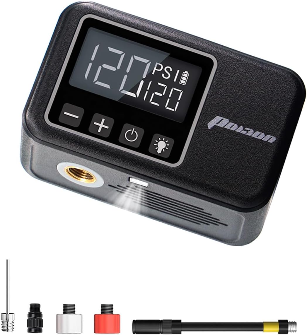 Mini Electrical Bike Pump with Gauge, Max 120 PSI, 28s Quick Inflate Tiny Moveable Bicycle Pump, Presta and Schrader Valve for E-Bike, Mountain, Metropolis, Gravel and Street Bike, Biking Equipment