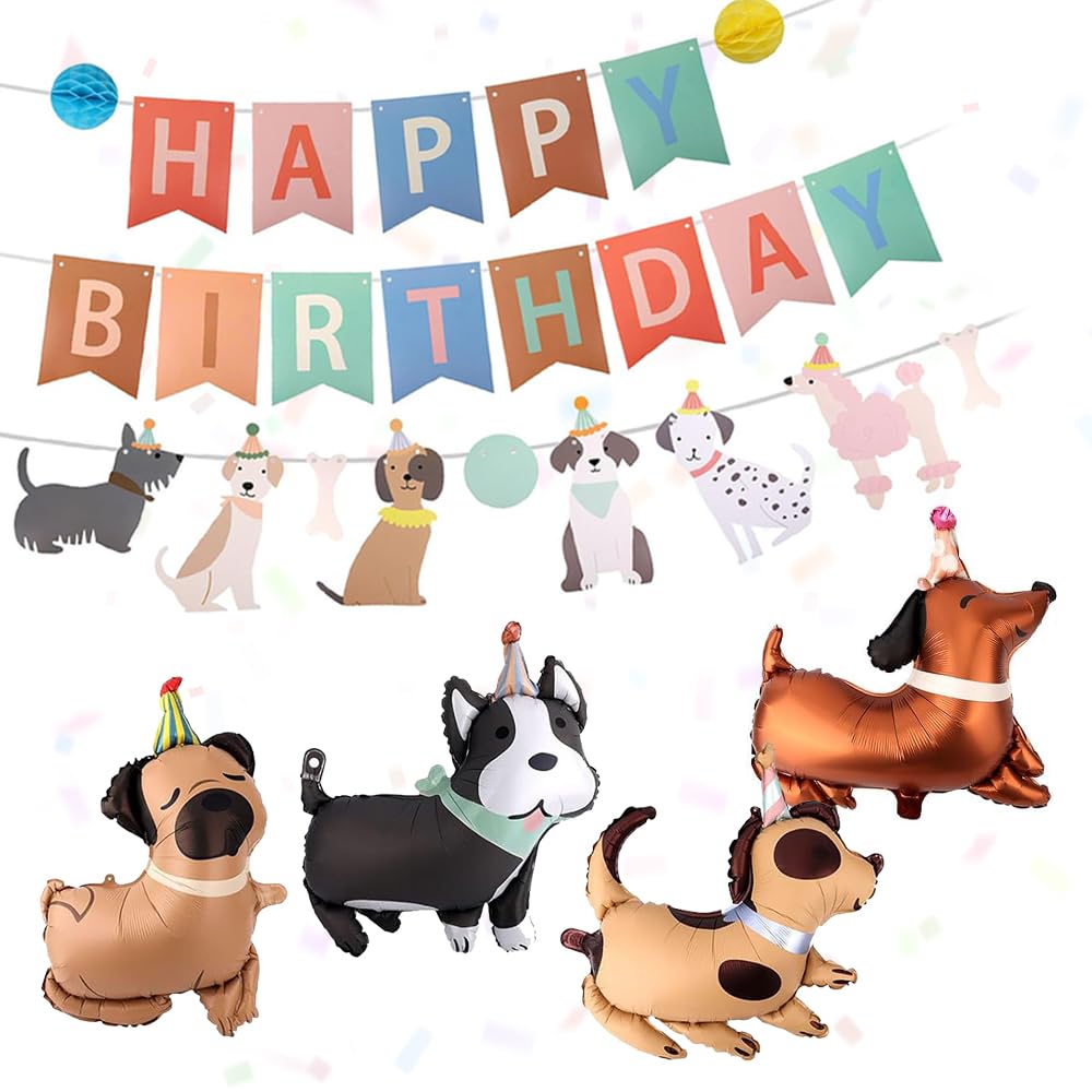 Dog Birthday Decorations Set - 4 Large Foil Balloons with Happy Birthday Banner & Puppy Face Garland - Pet Party Supplies for Boys Girls Kids - Cute Animal Theme Bunting for 1st 2nd Event