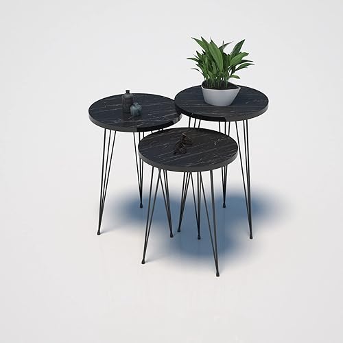 Miniatura 5 de PAK HOME Juego de 3 mesas auxiliares anidables, redondas de madera, apilables, mesa de sofá con patas de metal para sala de estar, oficina en casa,