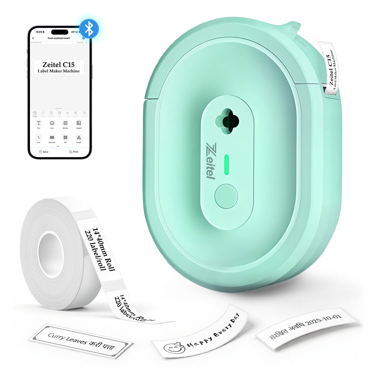 ZEITEL® Portable Mini Label Printer Machine 203DPI Wireless Pocket Label Maker for Home&Office Small Thermal Sticker Printer for Mobile Inkless Bluetooth Printers, with 1 Roll 14x40mm Sticker Lables