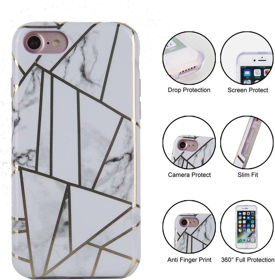 TRENSOM Marble iPhone 8 Case, iPhone 7 Case Gold Stripes, Glossy White Geometry Pattern IMD Hybrid Hard TPU Shockproof Phone Cases Cover for Women Girls Men Boys for iPhone SE 2020 Case