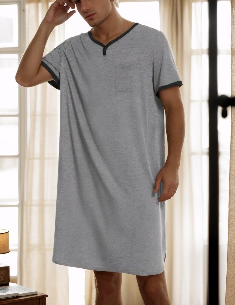sandbank Men's Night Shirts for Sleeping Henley Neck Nightshirt Short Sleeve Big and Tall Loose Kaftan Night Shirts Sleepwear