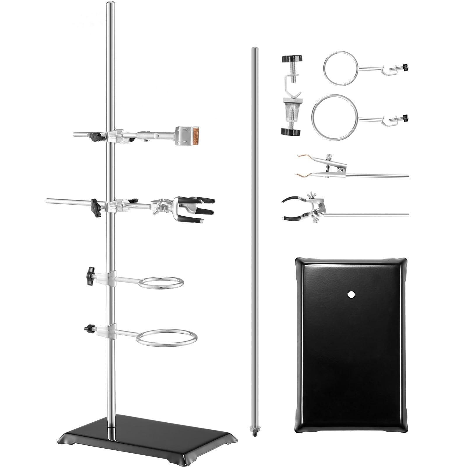 Soporte de Laboratorio 2 Conjuntos - Soporte para Retorta con Varilla de Acero 60 cm y Base de Fundición 21x14 cm, Incluye Pinzas para Matraces y Buretas