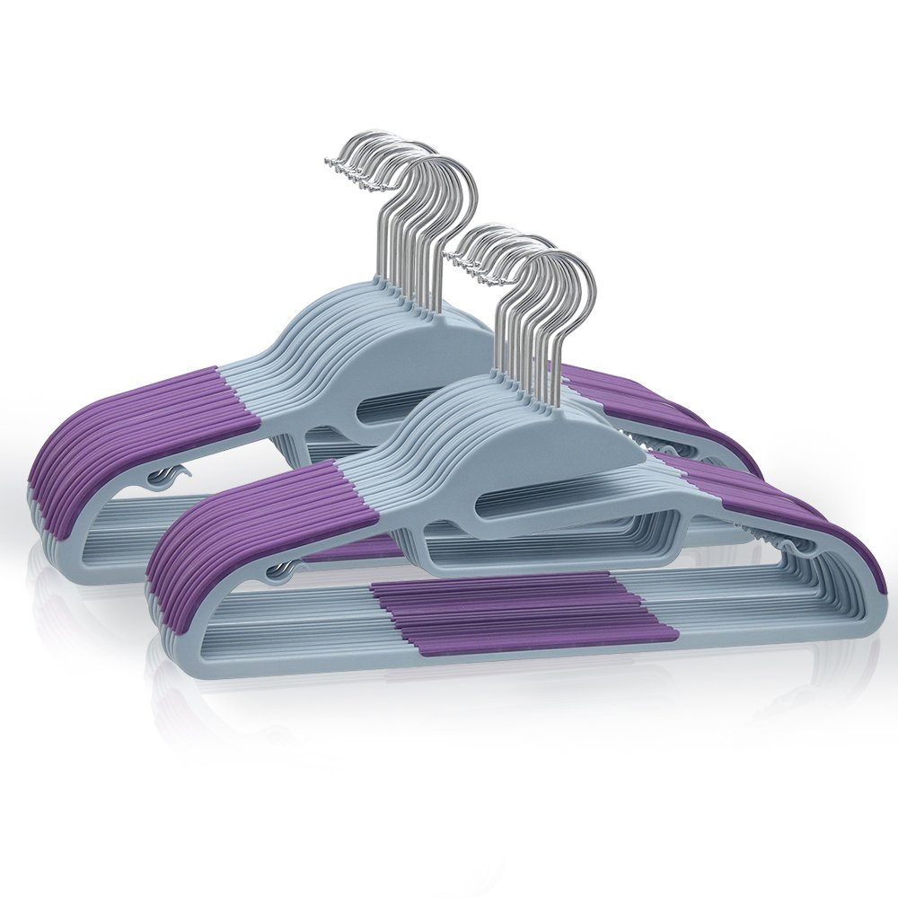 20 Pack Multi-Purpose Dry Wet Clothes Pants Hangers with Rack Hook for Hanging Shirts Skirts Blouses Scarves Tie Jeans Coats Space Saving Storage,Grey with Purple Non-Slip Pads U-Slide