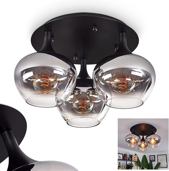 hofstein plafondlamp Azurara, moderne plafondlamp van metaal/glas in zwart/rook/helder, 3-lichts lamp in retro/vintage design met kappen van glas (Ø 19 cm), 3 x E27, zonder gloeilampen
