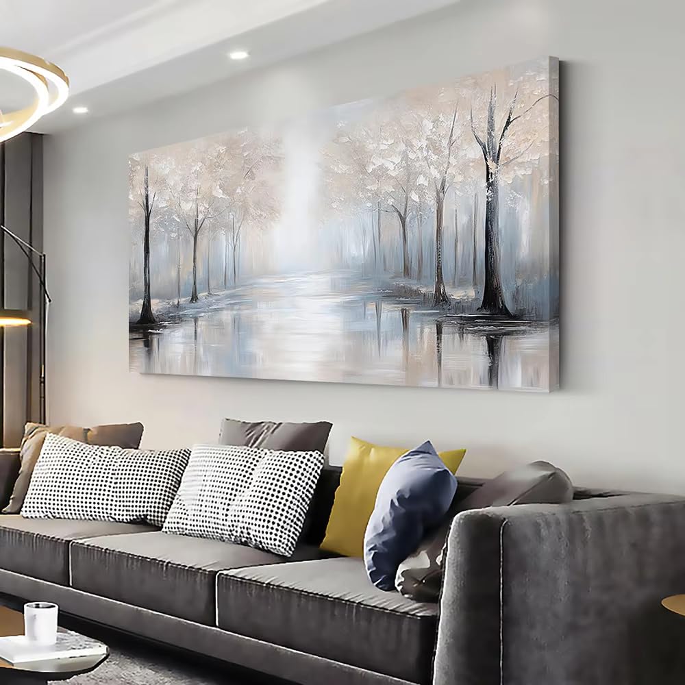 AEFOUU Canvas Wall Art Print Misty Silvery Forest Modern Abstract Painting Picture for Living Room Bedroom Home Decoration Pictures(60x140cm/24x55in/Frameless)