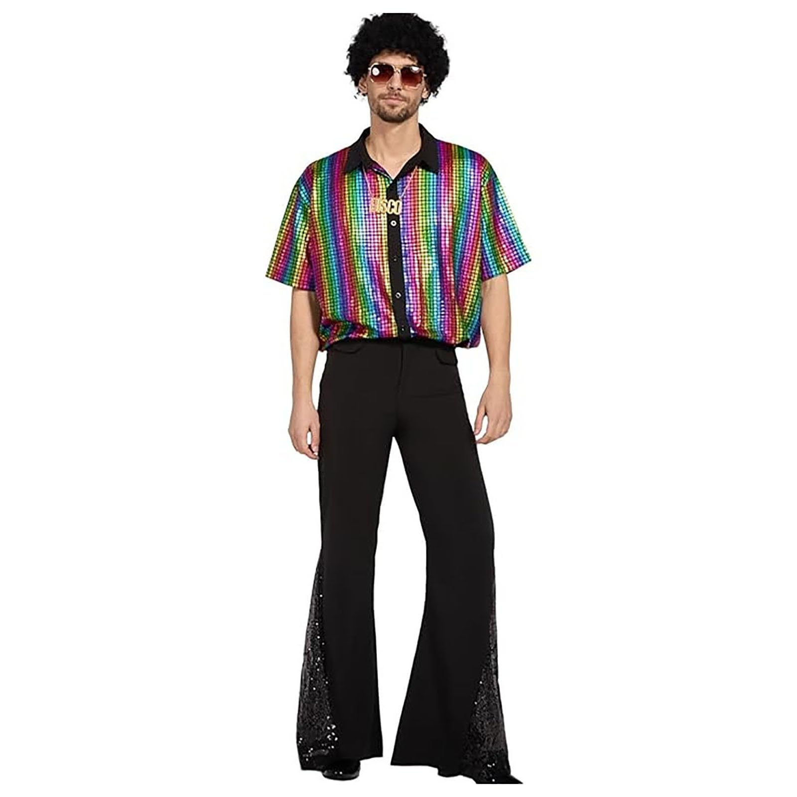 Generisch 70er Jahre Outfit Herren Disco Kostüm mit Perücke Schnurrbart Halskette Faschingskostüme Herren 70er Jahre Disco Kostüm für Karneval Halloween Cosplay und Party