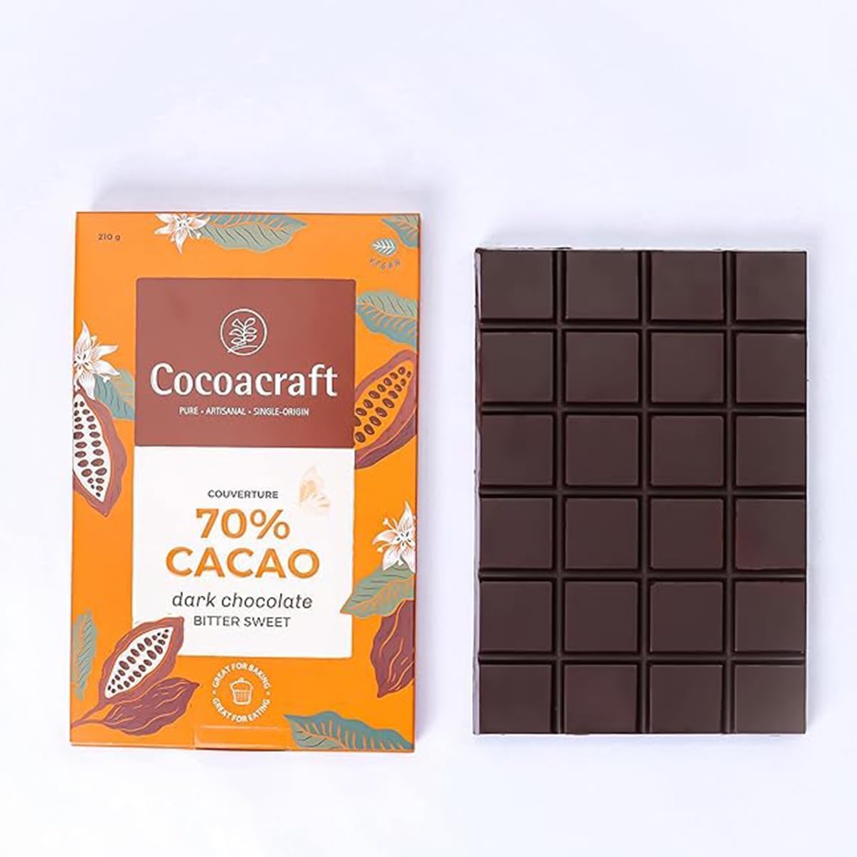 70% Bittersweet Dark Chocolate Couverture (210g) | Dark Chocolate Baking Bar | 100% Natural| Handmade Artisanal Couverture from Kerala| Easy for Snacking, Making Chocolates, Cake Toppings.