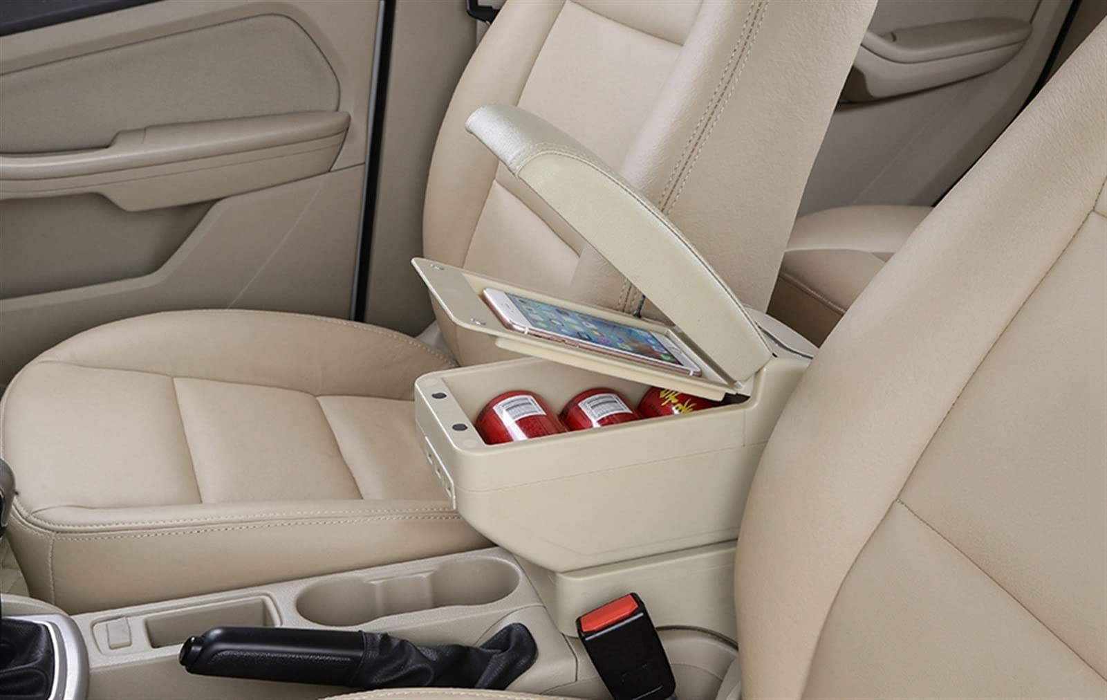 Boîte De Rangement Centrale Pour Peugeot 207/207CC - Accoudoir Avec Porte-gobelets, Cuir PU, Design Double Couche