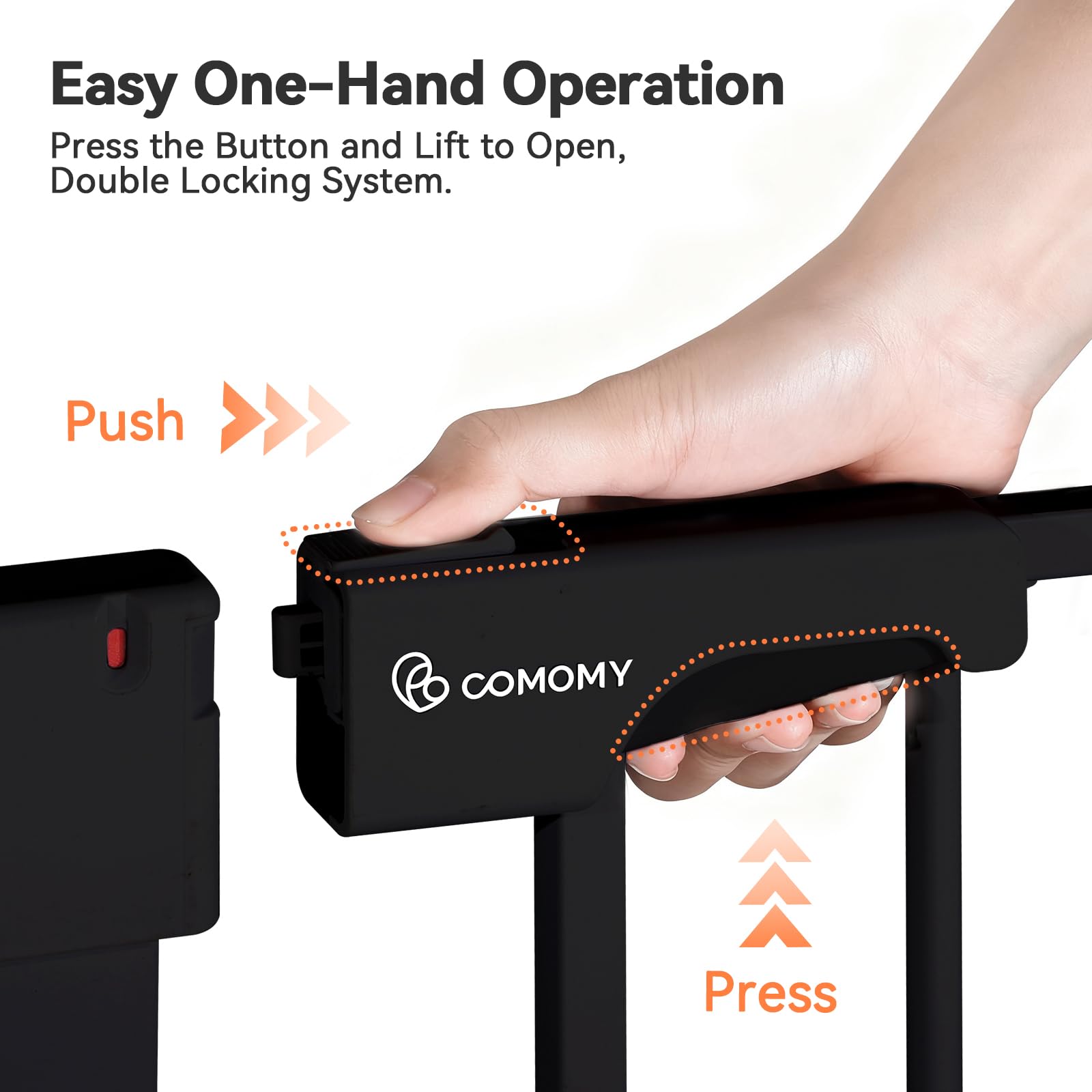 COMOMY Barrera de Seguridad Extensible 75-103 cm, Barrera de Seguridad para niños con Sistema de Cierre automático, 7cm y 14cm Extensiones, Negro | Puerta de seguridad para mascotas montada a presión, incluye 4 tazas de pared y 2 piezas de extensión, colo