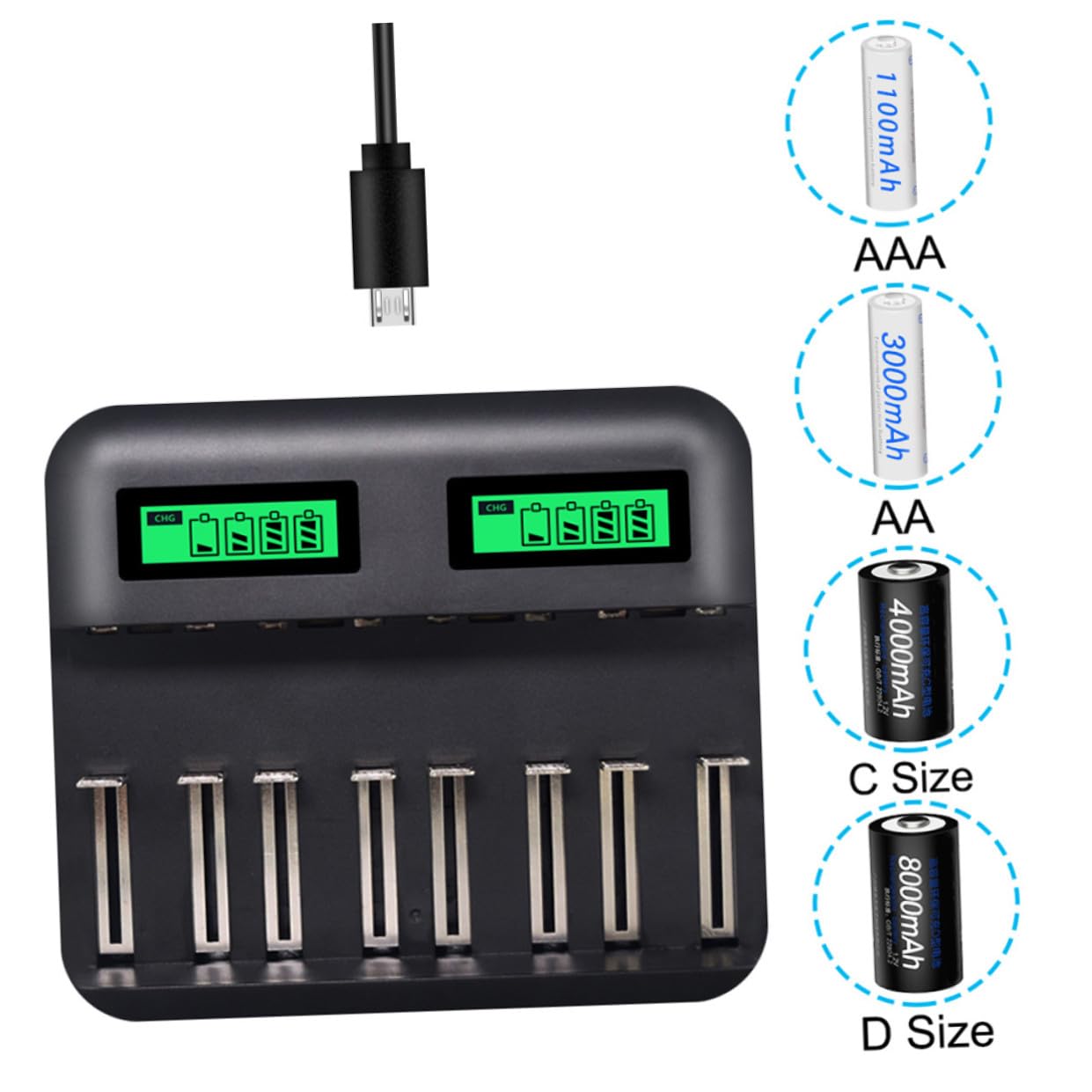 Chargeur de Batterie Intelligent à 8 Emplacements pour Piles AA AAA