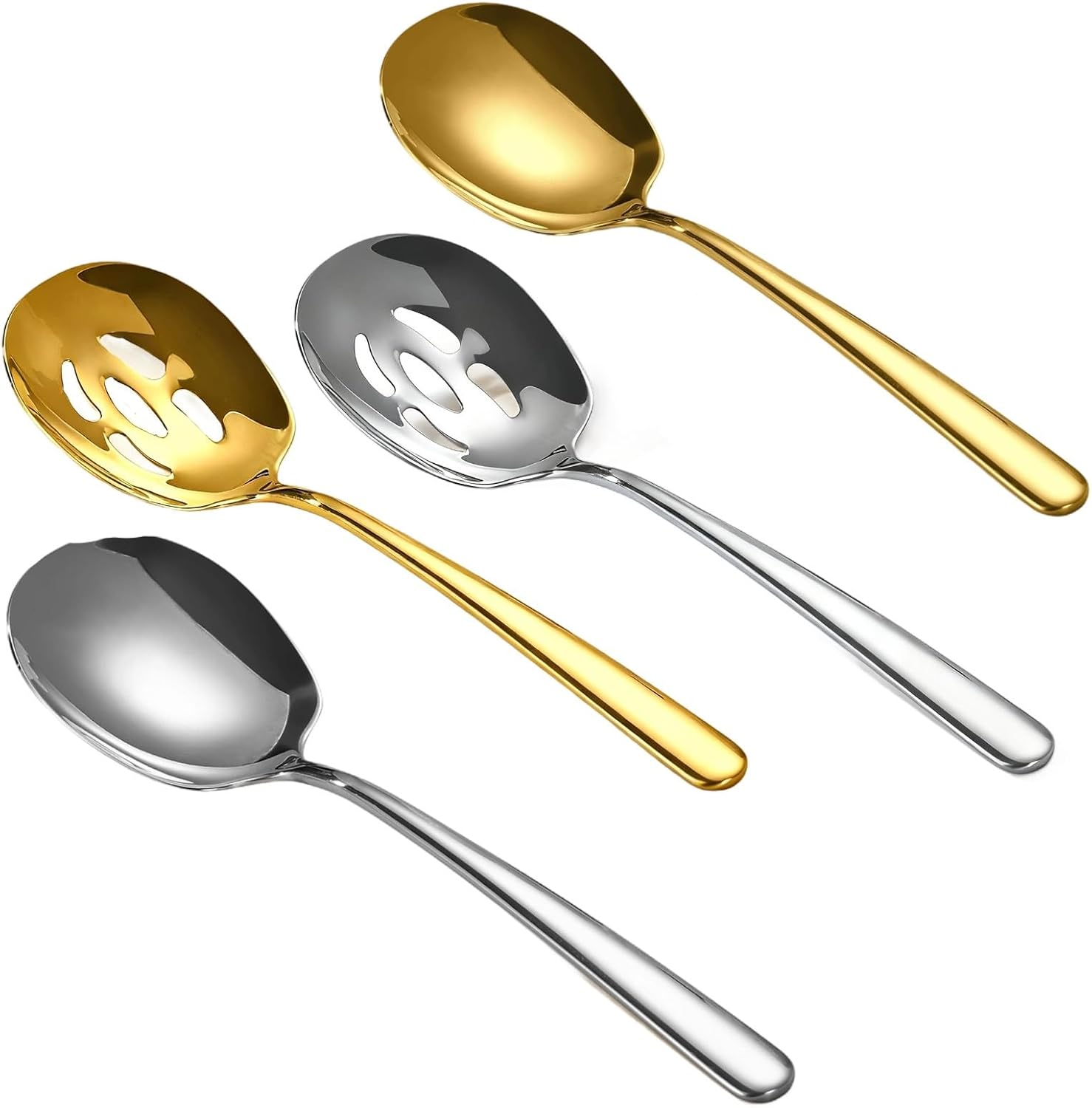 Multipurpose Cooking Spoon Set, 4 Pcs, 304 Stainless Steel, Gold And Silver, Long Handle Slotted & Solid Spoons, Chef Use