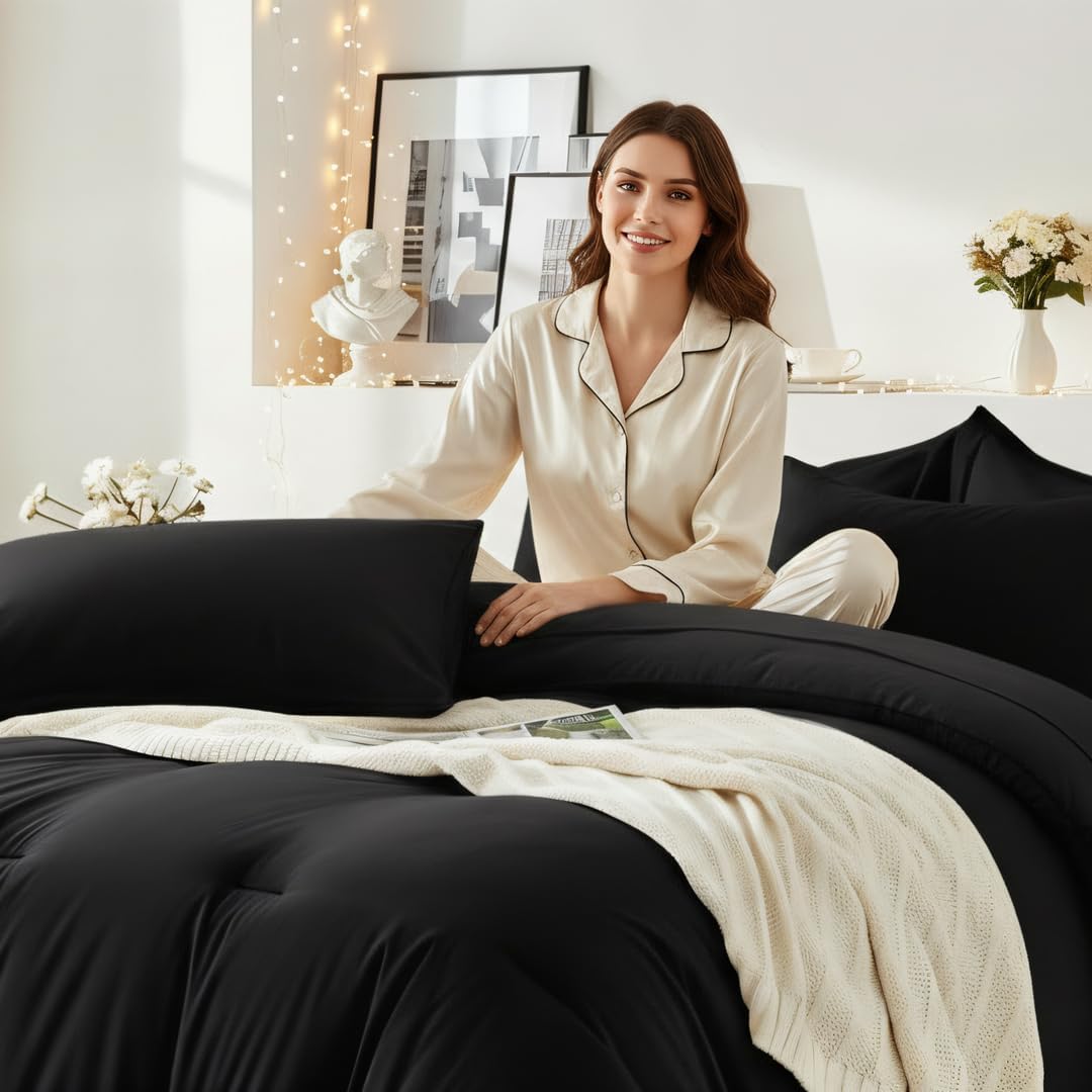 King Size Comforter Set 7 Pieces - Soft Bed in a Bag King Bed Set Black, Cozy Luxury Bedding Sets with All Season Comforter, Flat Sheet, Fitted Sheet, 2 Pillowcases & 2 Shams - Image 9