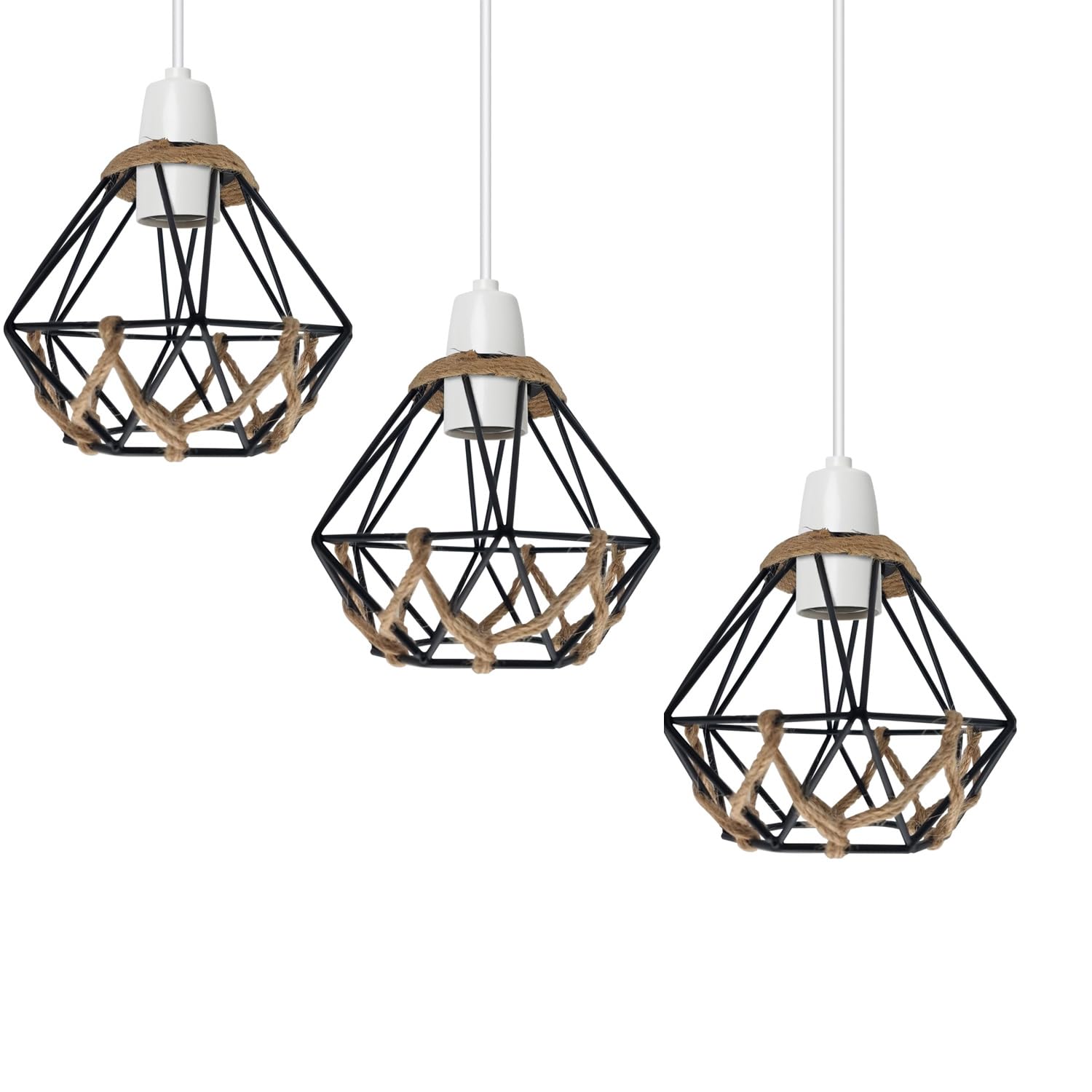 LEDSone 3 Pack of Open Style Black Industrial Hemp Rope Diamond WireCage Pendant Shade Hanging Light Easy Fit for Lightning fixtures (Woven Diamond cage 3 Pack)