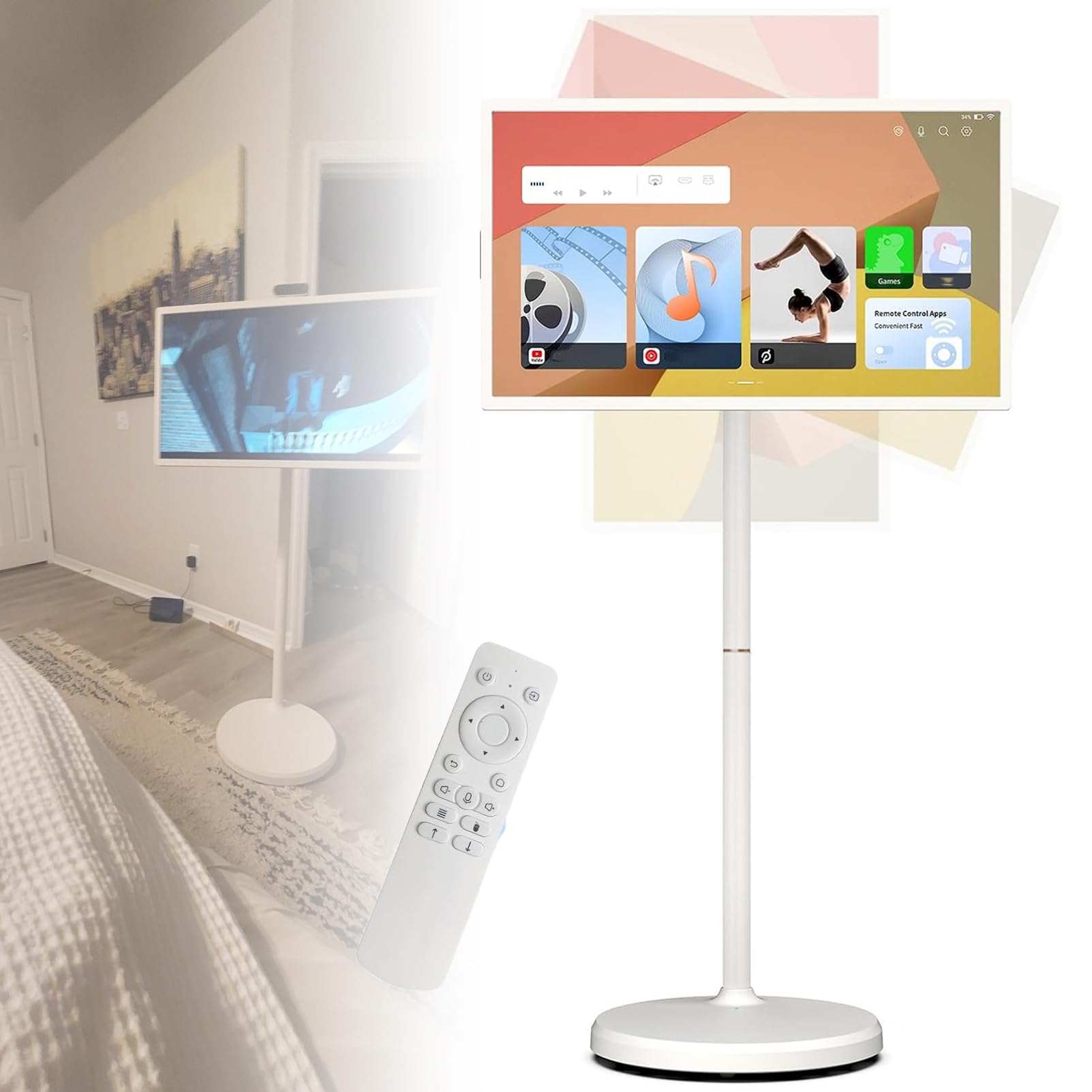 TéLéViseur Portable Intelligent avec TéLéCommande, Support TV Mobile | éCran Tactile sur Pied | TéLéViseur sans Fil sur roulettes | Batterie IntéGréE, Rotation ComplèTe White-4+64G