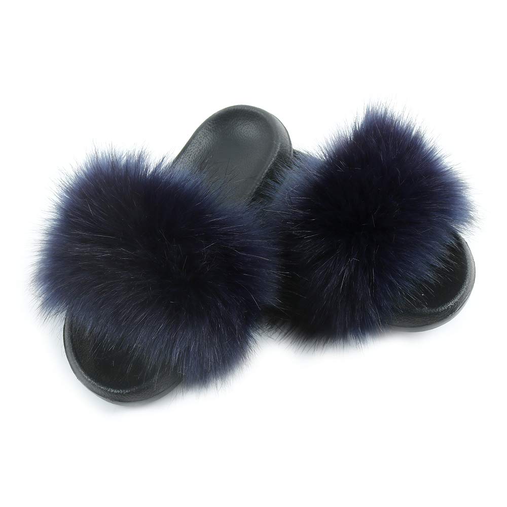 Hiser Women's Navy Blue Fluffy Faux Fur Slipper Sliders, Furry Open Toe House Slippers Cozy Comfy Non Slip Sliders For Walking Indoor Outdoor (,Uk6.5-7/270)
