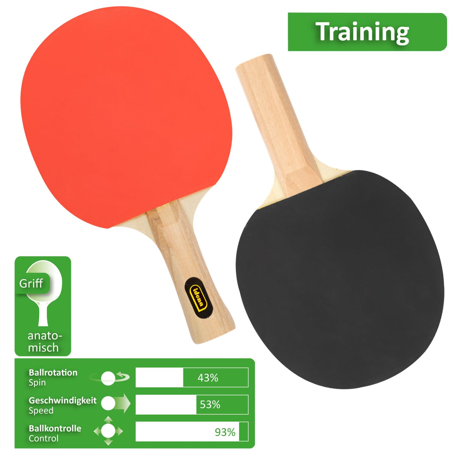 Idena 40202 - Pala de Tenis de Mesa de Entrenamiento, con Mango de Madera y Revestimiento de Goma en Rojo y Negro, Pala para Principiantes, Clubes y Tiempo Libre