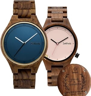 Holzuhren für Paare, Gravierte & Personalisierte Geschenke, 100% Naturholz, Analoguhren mit Japanischem Quarzuhrwerk, Stolpen 42mm & 36mm