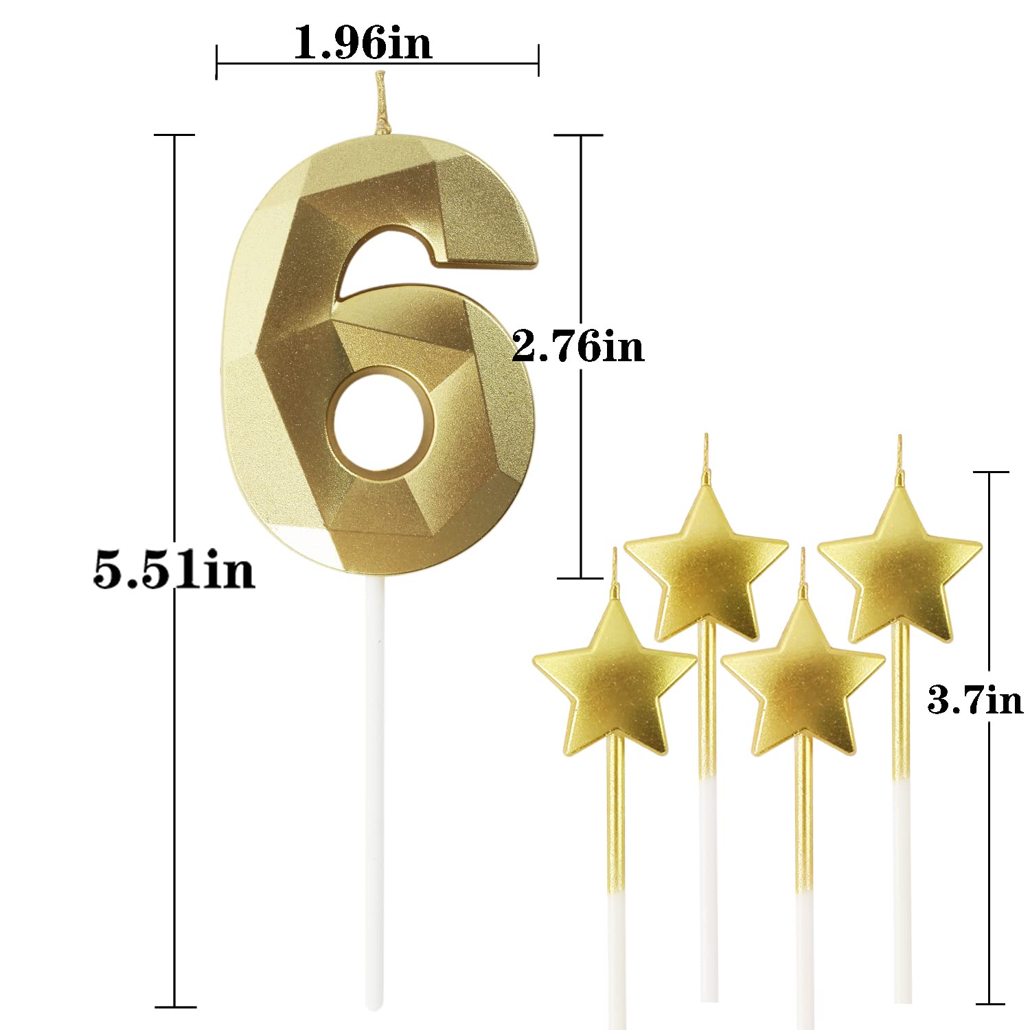 Velas doradas de cumpleaños con número 6 y velas de cumpleaños de estrella de 2.75 pulgadas, velas de pastel de cumpleaños 3D con forma de diamante son adecuadas para fiestas de cumpleaños y