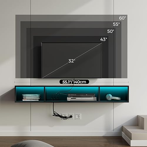 Miniatura 11 de Rolanstar Soporte de TV con toma de corriente, soporte de TV flotante con luces RGB, estante de TV montado en la pared de 47.2 pulgadas, consola