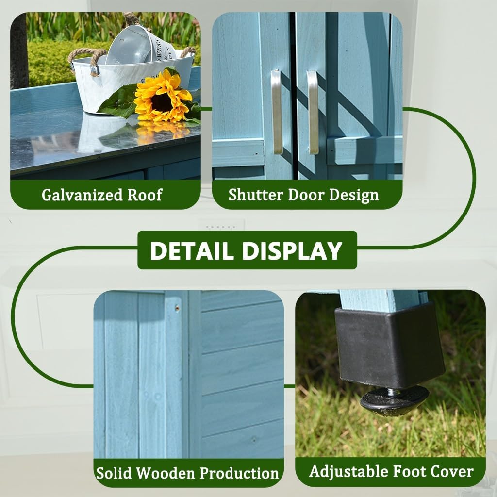 Garden Potting Bench Table - Outdoor Garden Patio Wooden Storage Cabinet & Planting Work Bench with Large Space Storage & Galvanized Desktop(Blue)