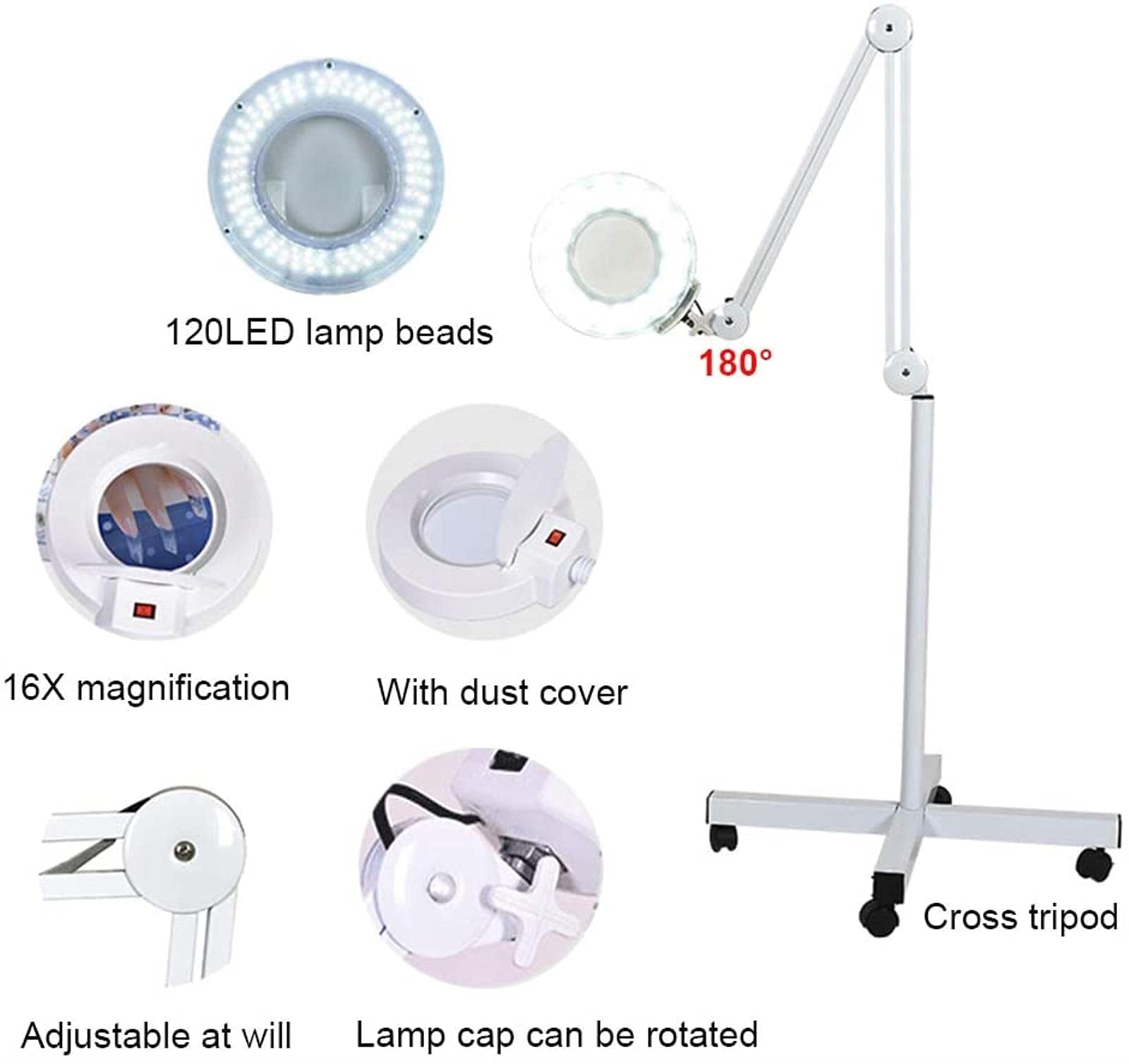 Lampa podłogowa powiększająca, Regulowana, stabilna lampa podłogowa ze szkła Led, stojąca lampa podłogowa, 16-krotna lupa na kółkach Zimne światło do twarzy w salonie i użytku domowego
