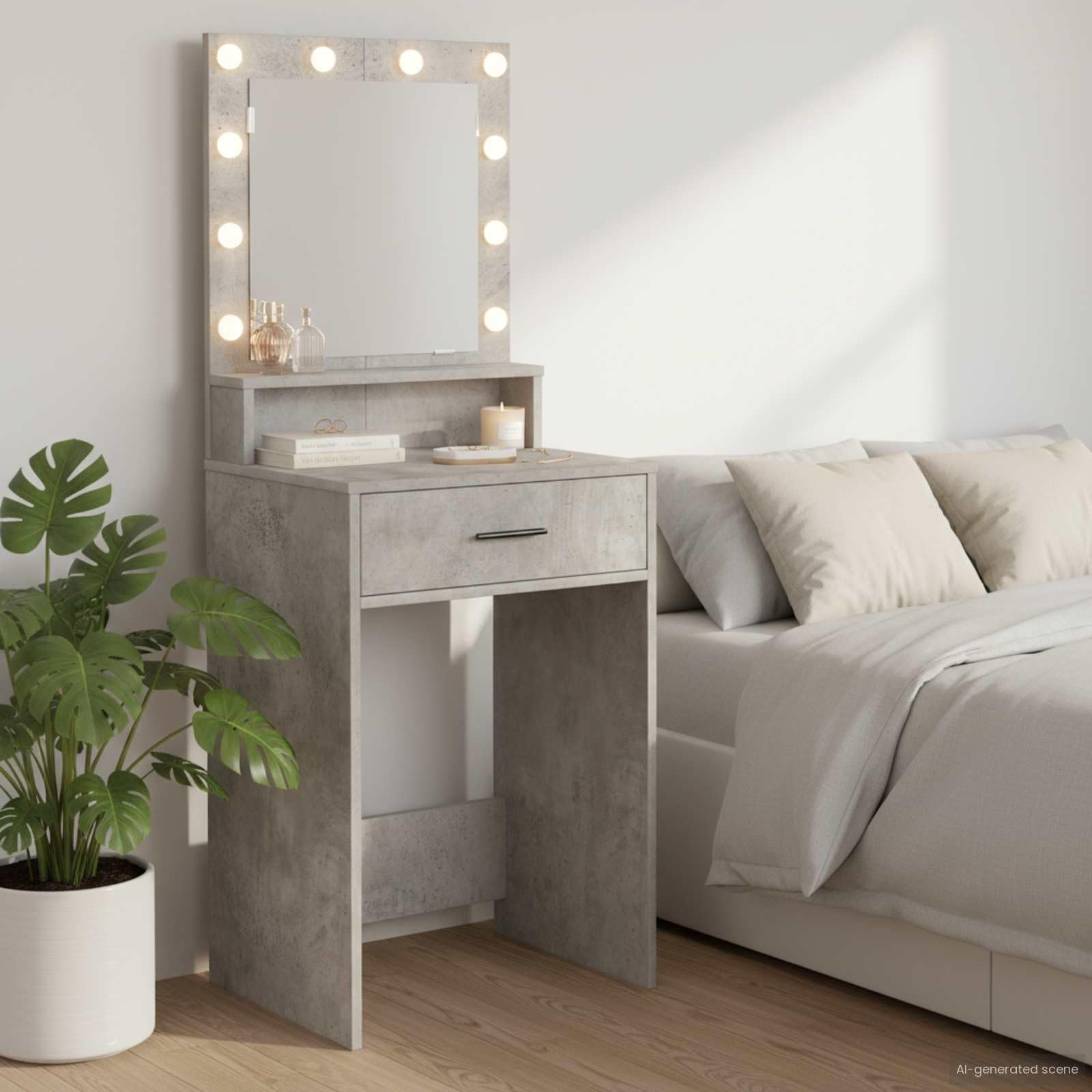 Schminktisch Beton Grau aus Holzwerkstoff mit LED Beleuchtung, Makeup Spiegel, 2 Schubladen, Stauraum und Ablage, platzsparend für Schlafzimmer und Ankleidezimmer