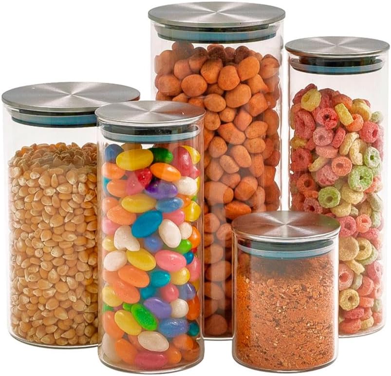 Kit 5 potes de vidro com tampa inox hermético redondo mantimento - Tud