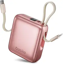 Basike Carregador Portátil 10000mAh, Mini Power Bank com Cabos Integrados, Carregamento Rápido 22.5W(MAX), Pequeno, Led Indicador de Bateria para iPhone/Samsung/Huawei/Xiaomi, etc (Rosa)