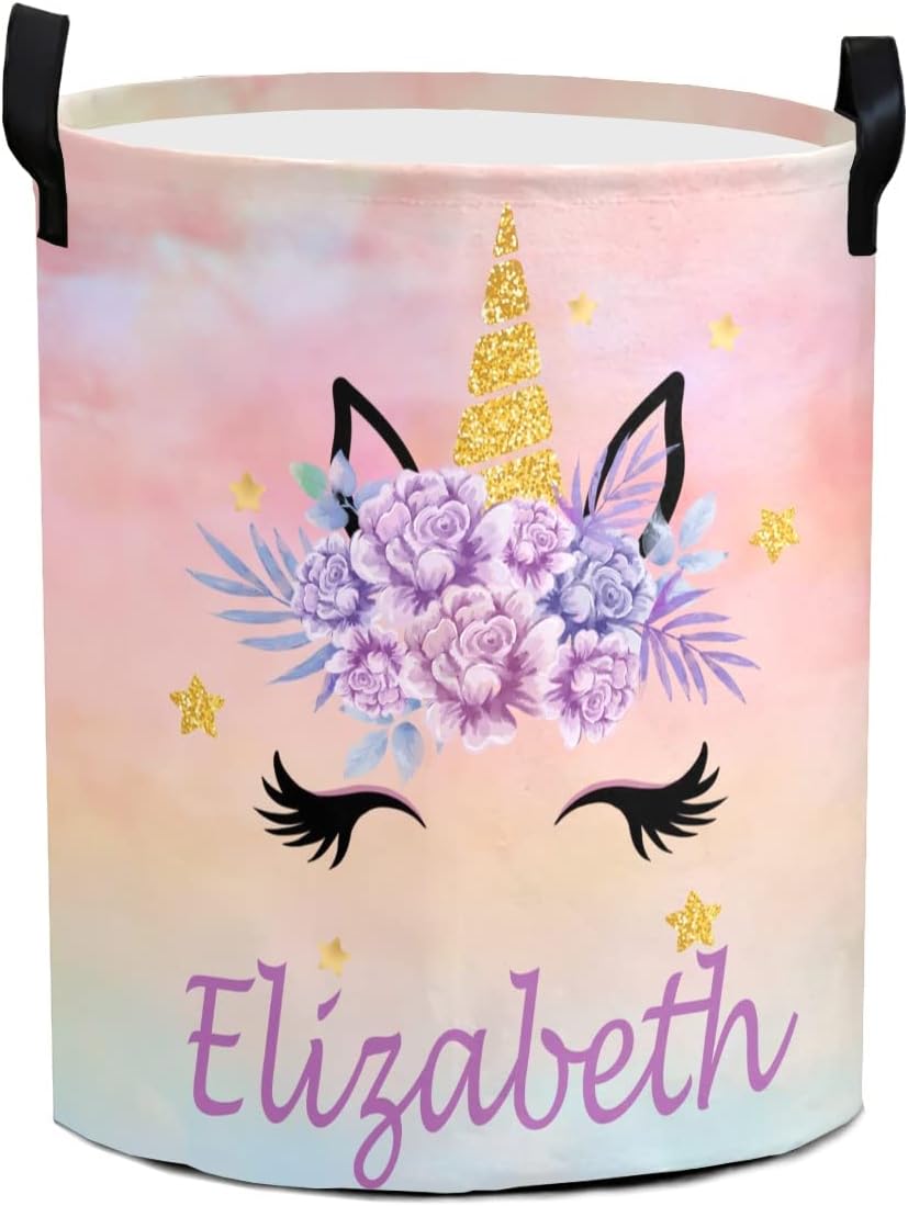 Unicorn Laundry Basket Personalized Laundry Hamper Custom with Name for Girl Rainbow Collapsible Waterproof Storage Basket with Handles (Option 11)