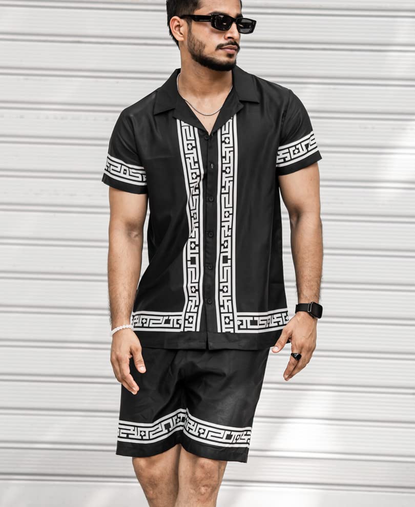 Image of Men's Poly Lycra Digital Printed Shirts with Pajama Shorts Night Suit Set