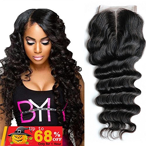 QTHAIR 10A Peruvian Loose Deep Wave Closure 130% Density Lace Closure (16Inch, 4"x4",Middle Part,Natural Black) Peruvian Virgin Human Hair Loose Deep